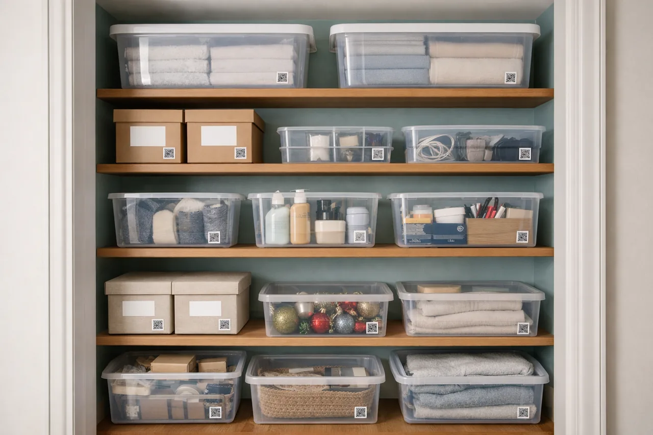 Organized closet shelves with clear storage bins and QR labels