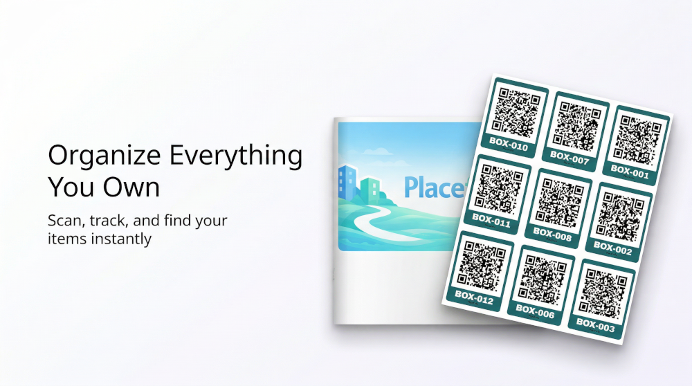 PlaceFolio QR label kit product hero showing pre-printed sequential QR labels for storage boxes